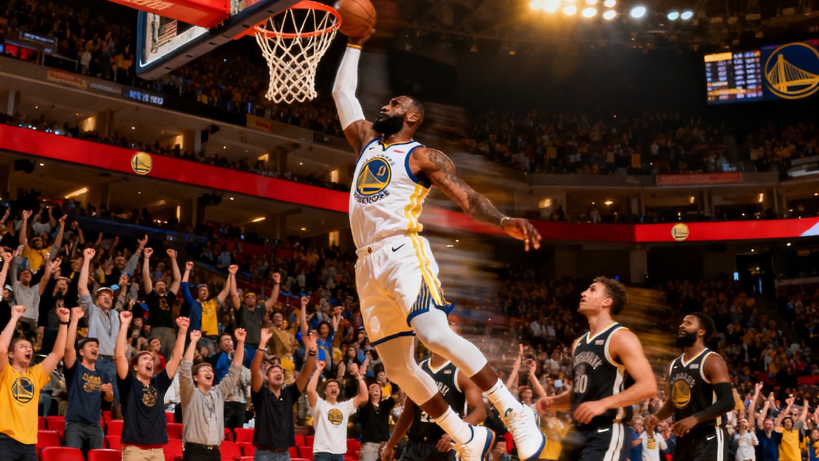 NBA詹姆斯在勇士主场隔扣绝杀的精彩视频封面，全场观众起立欢呼
