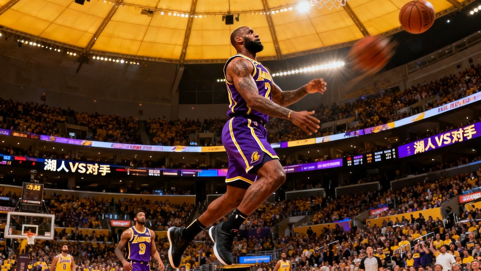 NBA总决赛湖人队主场斯台普斯中心球馆内比赛直播画面，球员飞身扣篮